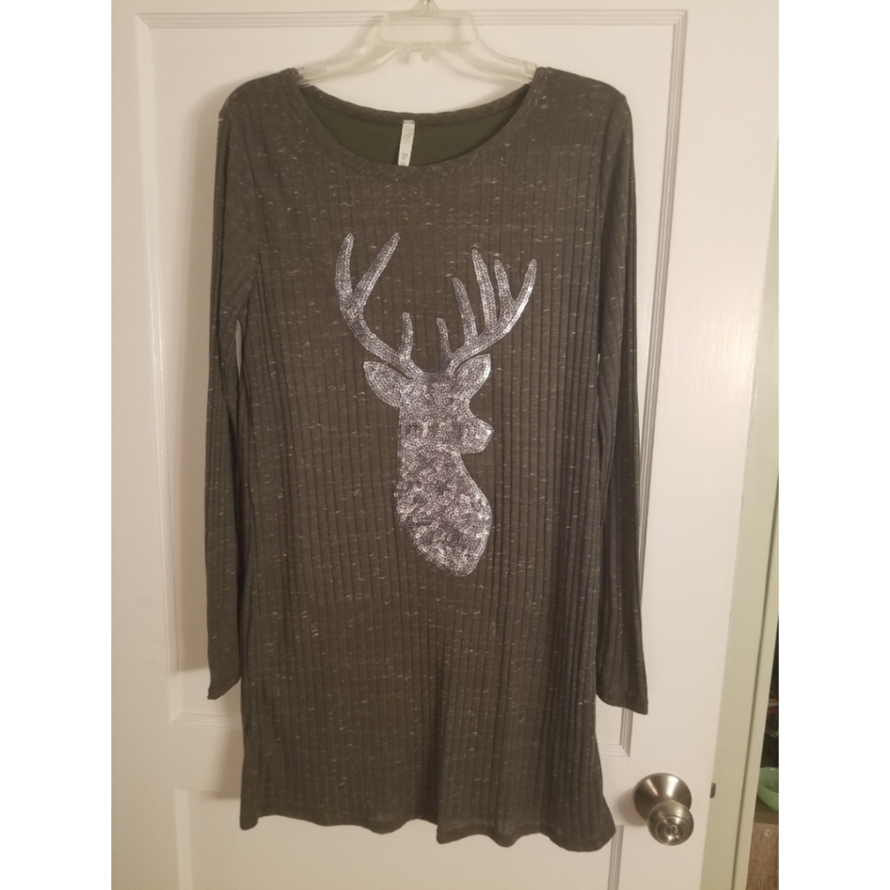 Bo Bel Dark Green Sequined Deer Sweater Dress